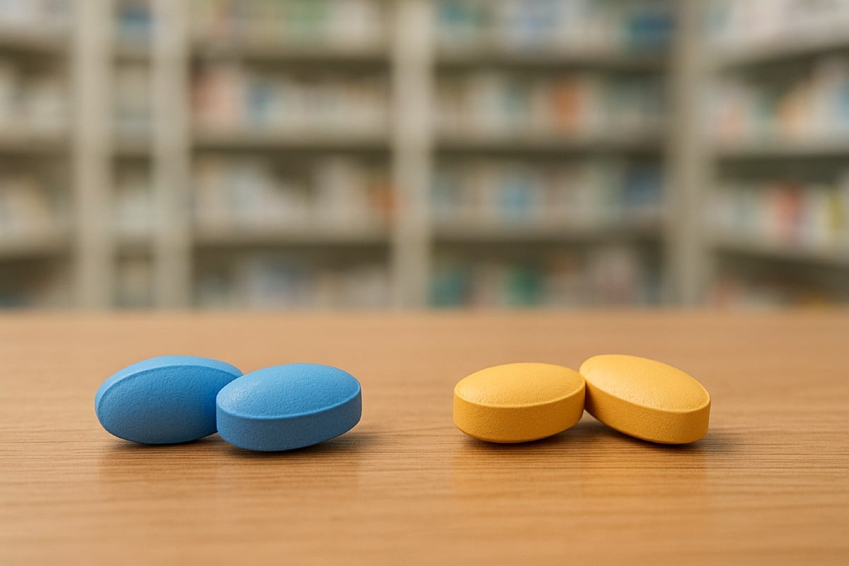 Foto de pastillas azules de sildenafilo y amarillas de tadalafilo en el mostrador de una farmacia.