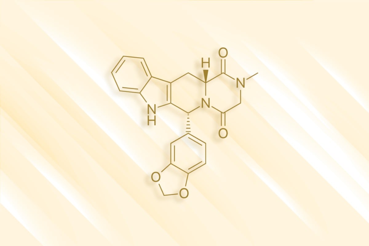 Representación artística de la estructura molecular del tadalafilo